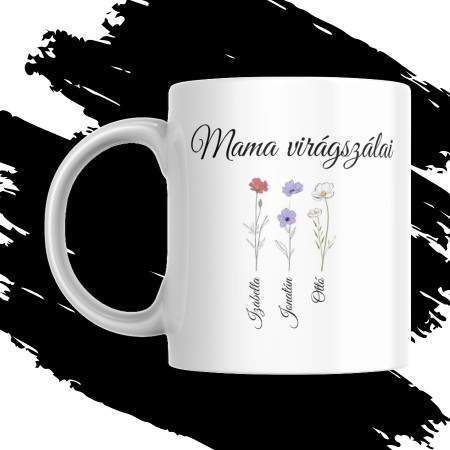 MAMA VIRÁGSZÁLAI EGYEDI NÉVRE SZÓLÓ AJÁNDÉK BÖGRE (kérhető 1,2,3,4,5,6,7 gyermekkel)
